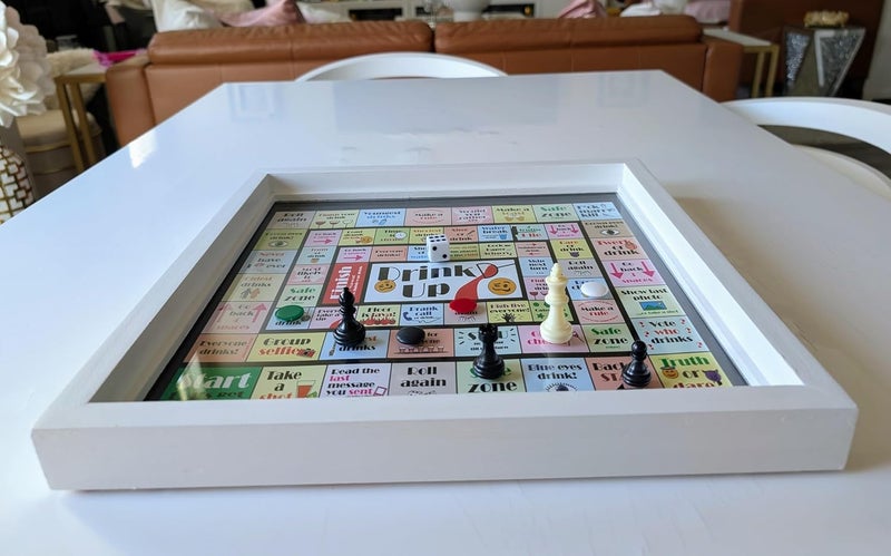 Handmade Real Glass Top Game Board with Chess, Checkers, Backgammon, Ludo (Caribbean & Indian), Chausar, Pachisi, Tic-Tac-Toe, Snakes and Ladders, and a Drinking Dice Board Game. - Image 5